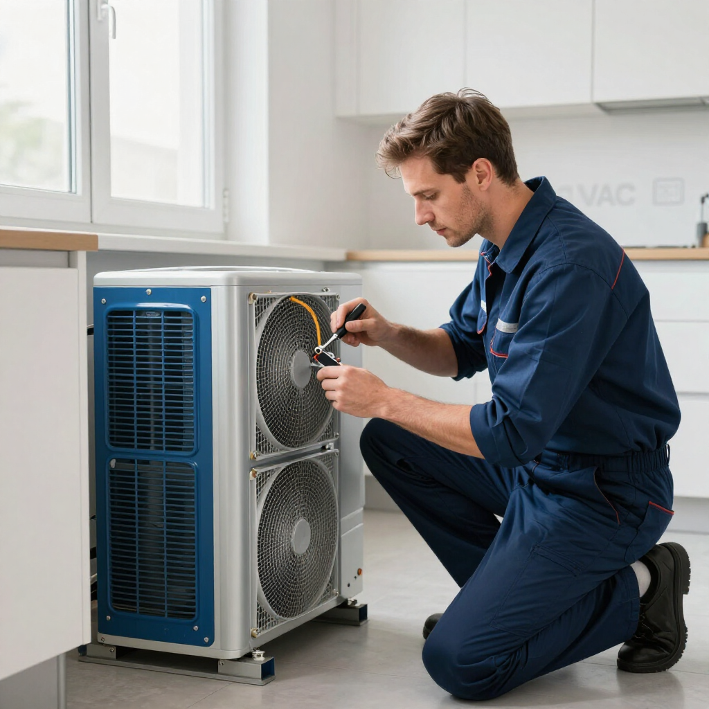Technician kneeling beside a blue HVAC unit, using a tool to service the outdoor fan assembly.