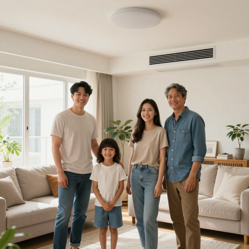 Four people standing in a bright living room with beige sofas and large windows