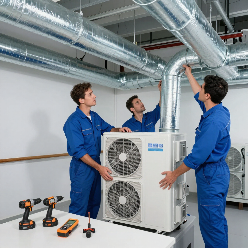 Technicians installing a silver HVAC unit under ceiling ductwork in a workshop