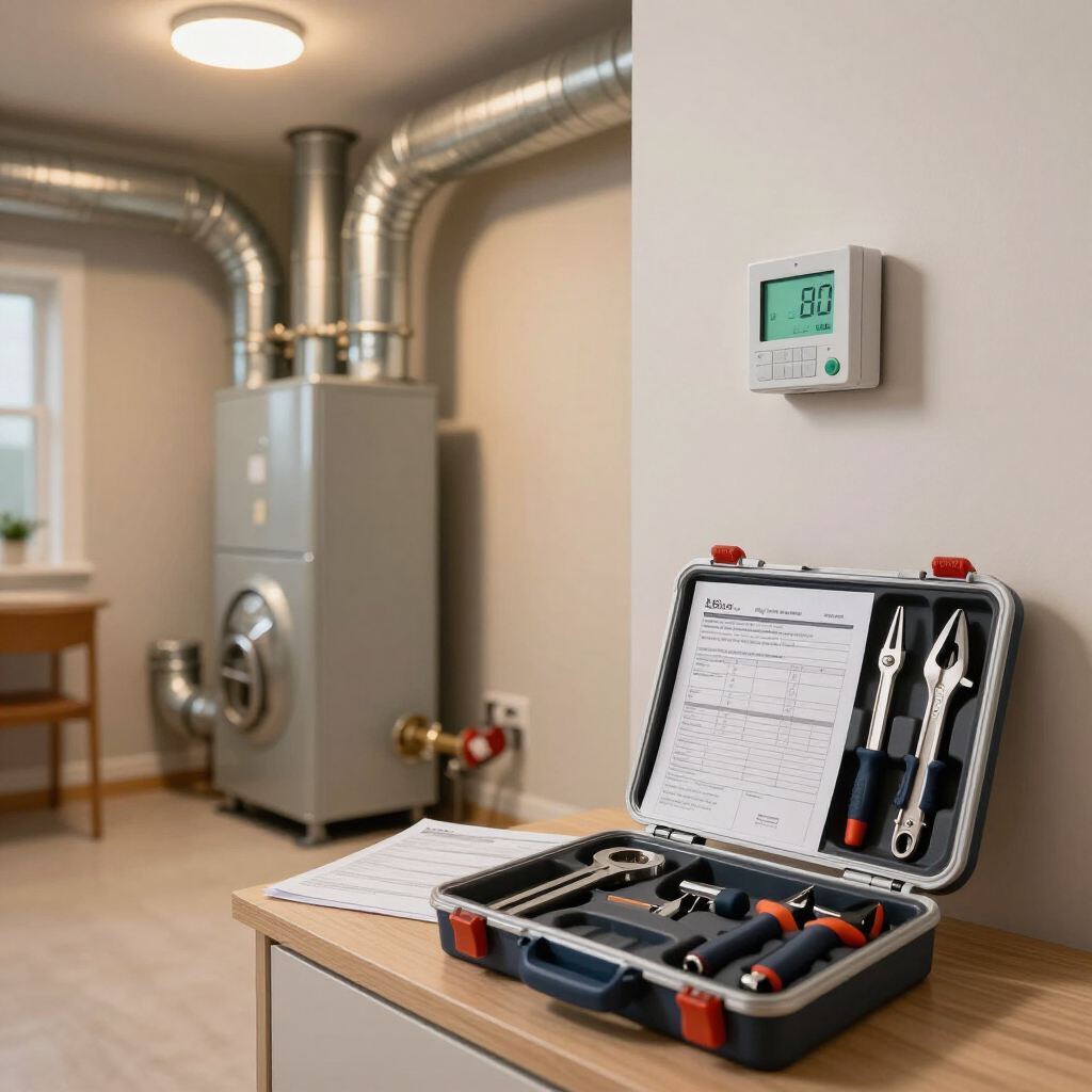 Boiler room with silver furnace, ductwork, wall thermostat, and open tool case on a workbench.
