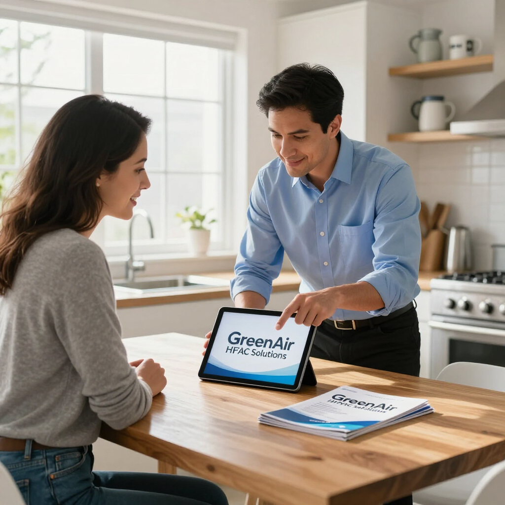 Two people reviewing a tablet with GreenAir on the screen at a kitchen table