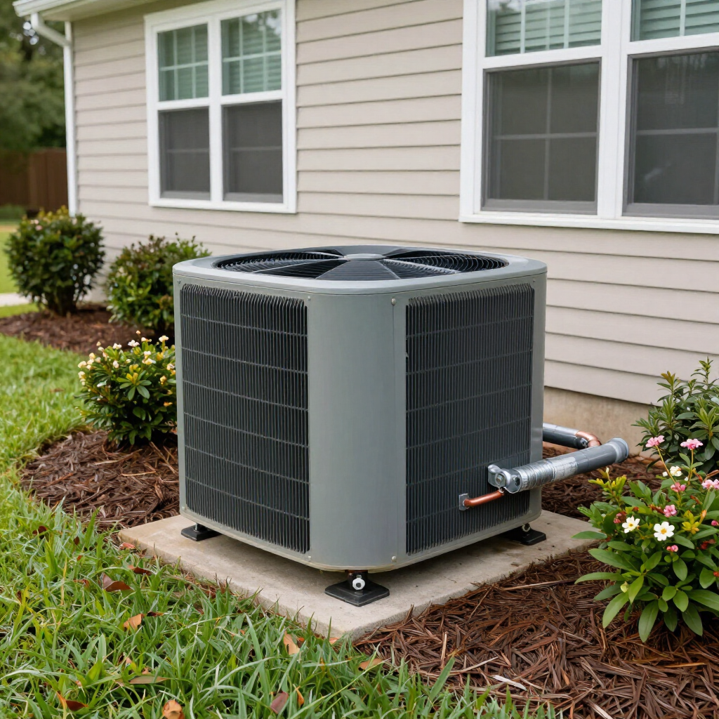 Outdoor air conditioner unit beside a beige house with windows and landscaping