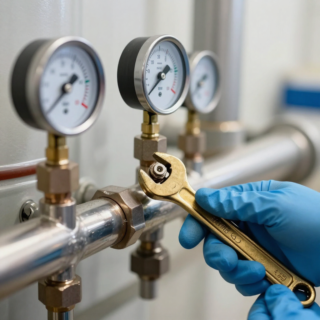 Blue-gloved hand adjusting a brass valve on industrial pipes with pressure gauges