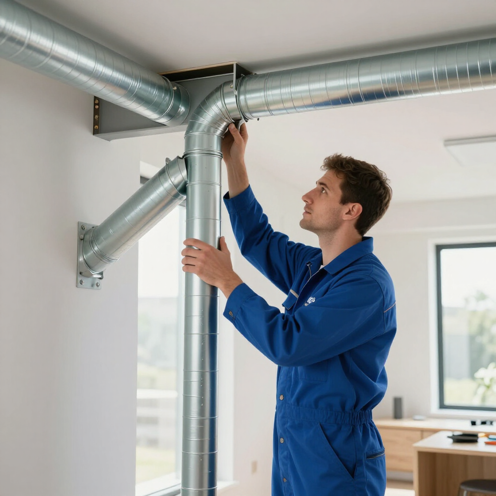 Technician in blue coveralls inspecting and adjusting metal HVAC ducts in a bright room