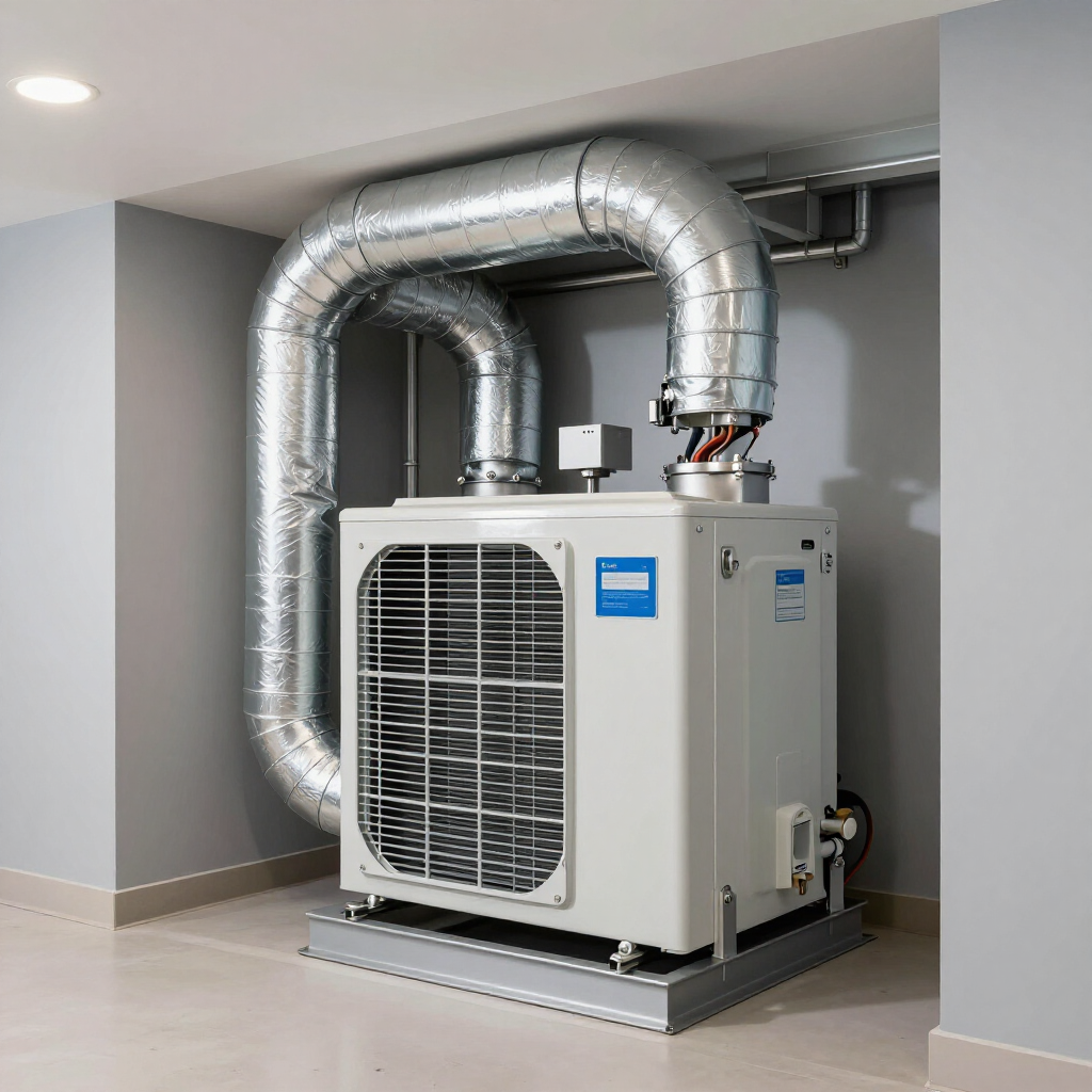 Industrial HVAC unit with large silver ductwork in a utility room
