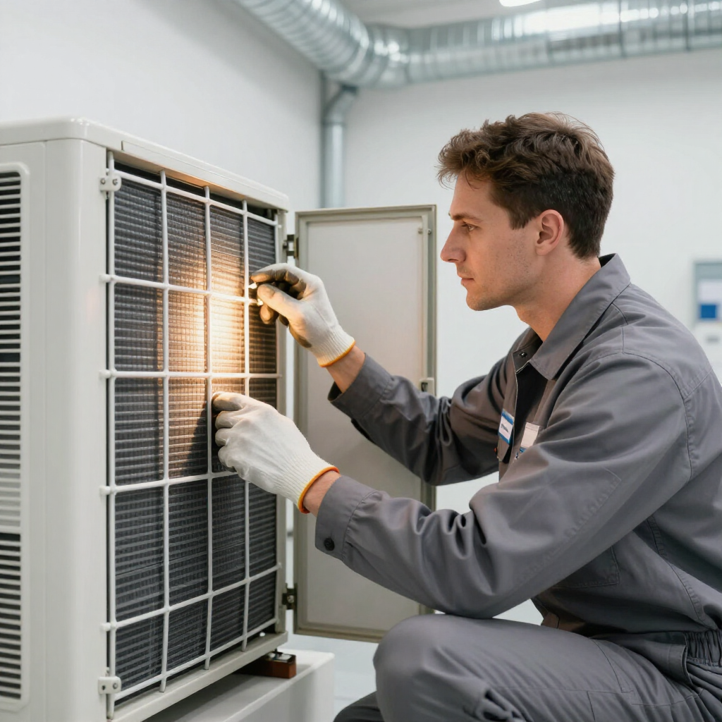 Technician inspecting an outdoor HVAC unit with gloves in a utility room