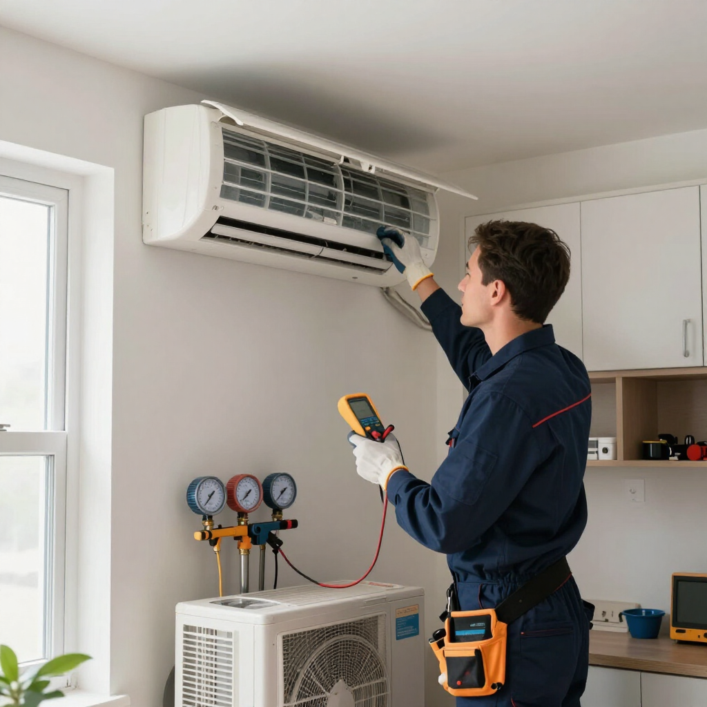 Technician inspecting a wall-mounted air conditioner with gauges in a bright utility room