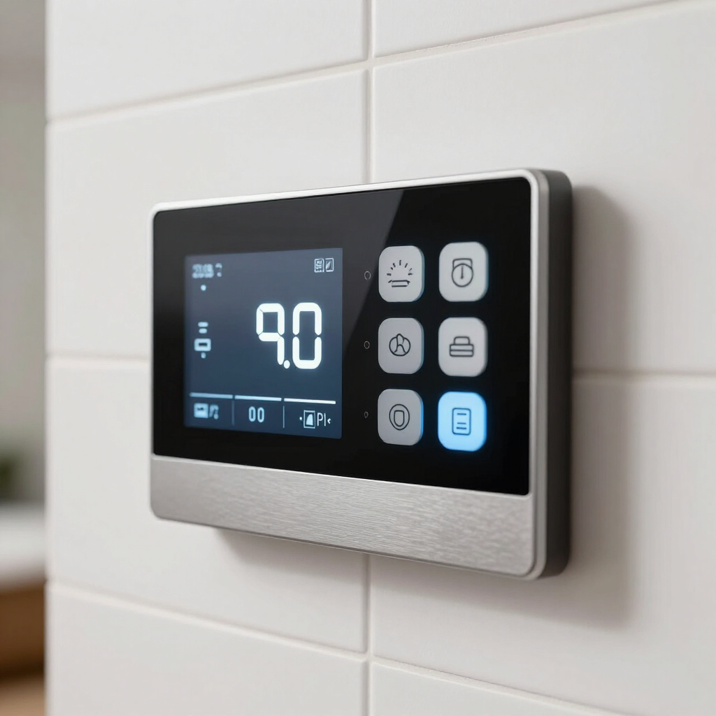 Wall-mounted digital thermostat with blue-lit display on a tiled wall