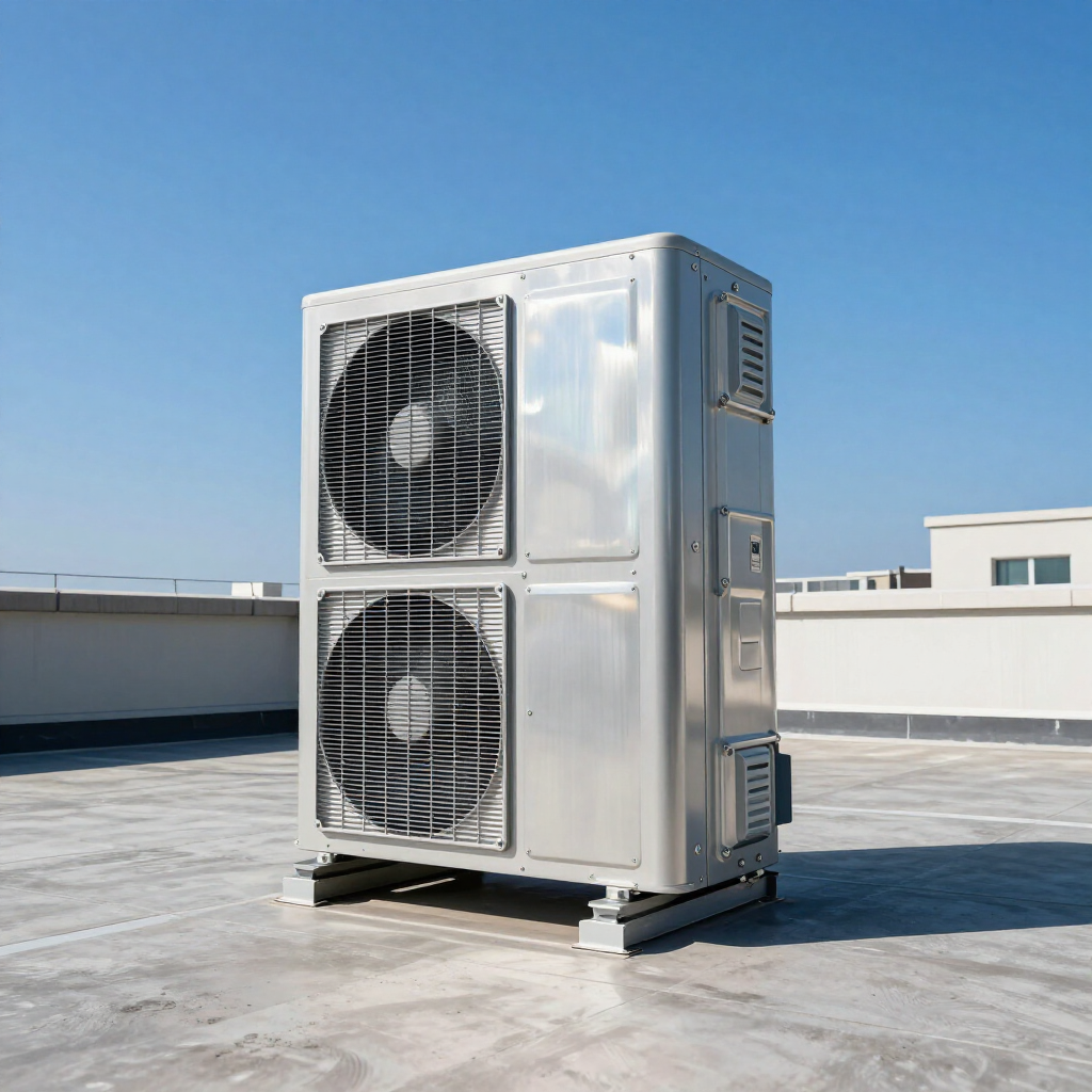 Metal HVAC unit with two large fans on a rooftop under a clear blue sky