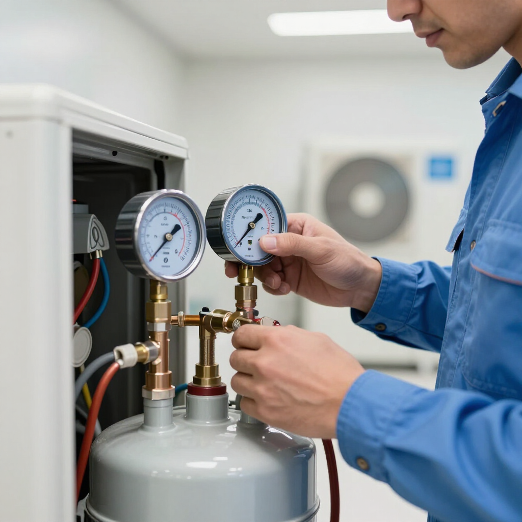 Technician adjusting pressure gauges on a gray gas cylinder in a lab-like setting