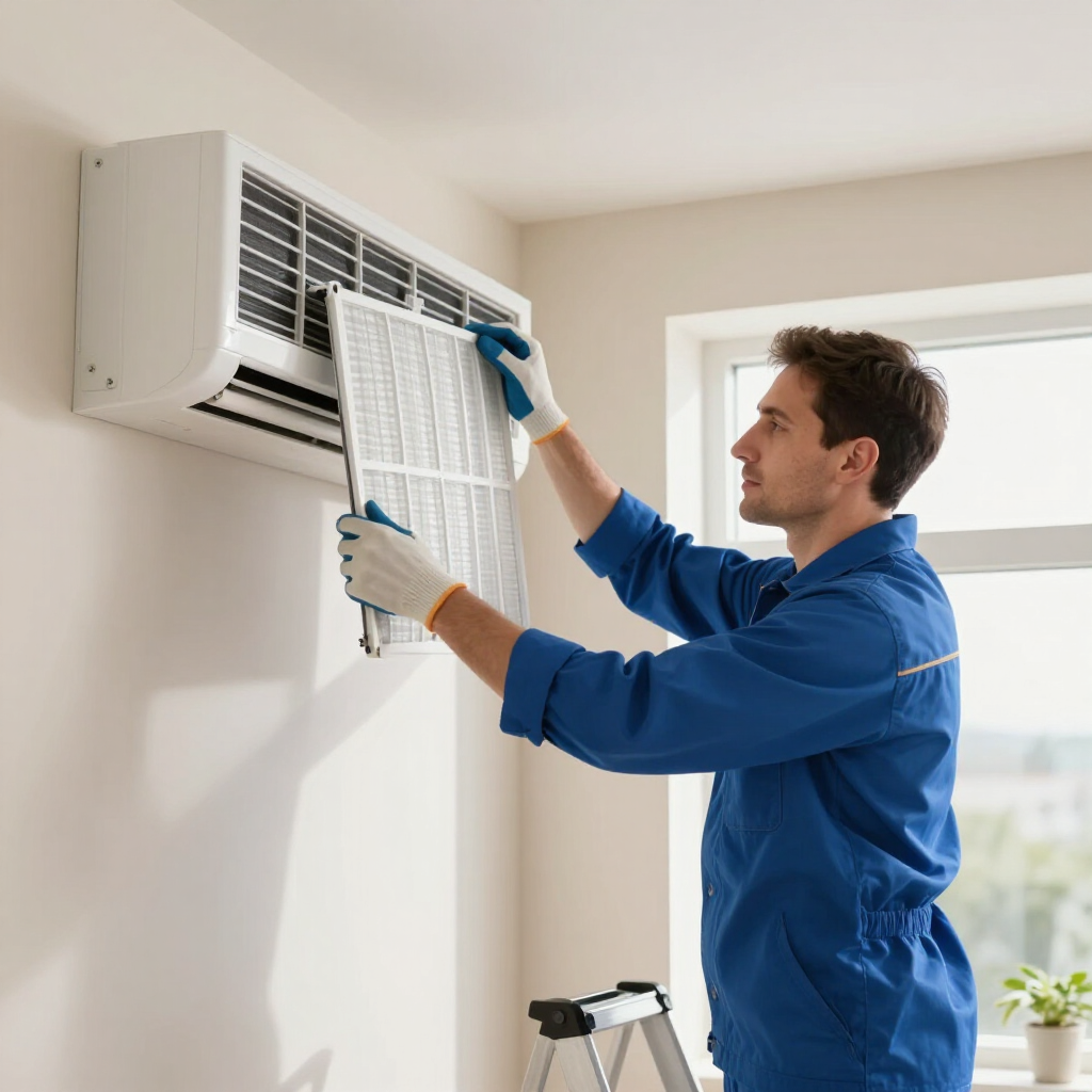 Technician replacing an air conditioner filter indoors with a blue cloth and gloves.
