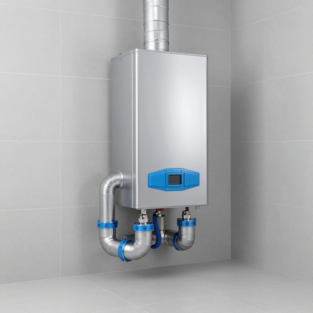 Wall-mounted silver water heater with blue control panel and connected pipes in a tiled room