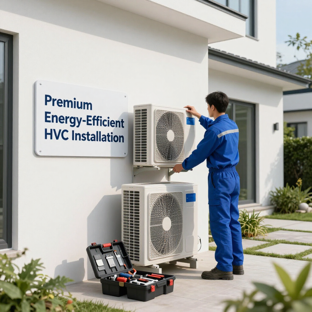 HVAC technician in blue uniform installing outdoor heat pump units beside a modern home