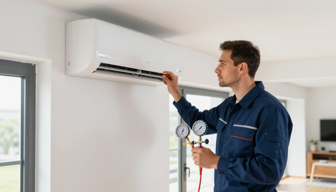 Technician inspecting a wall-mounted air conditioner in a bright room