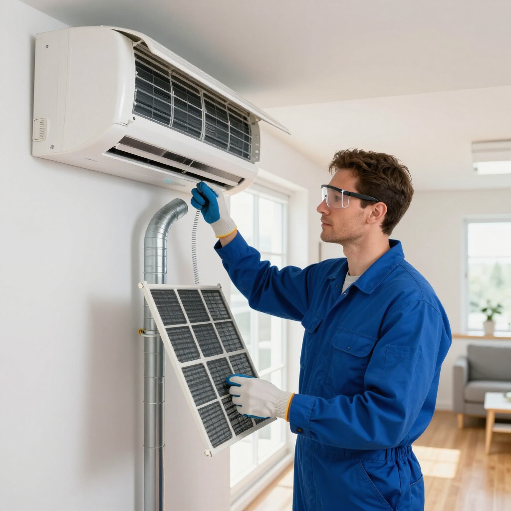 Technician in blue uniform repairing a wall-mounted air conditioner indoors