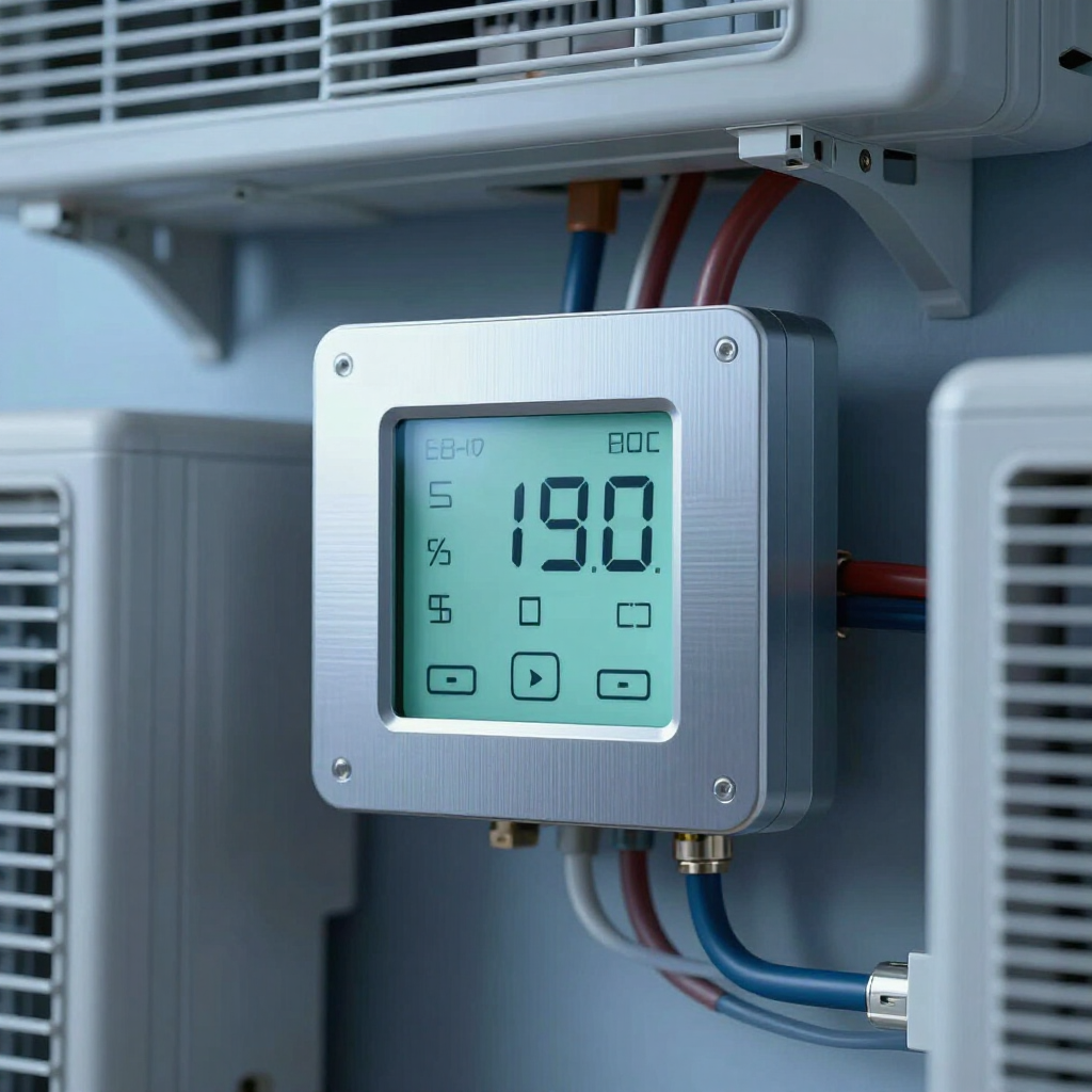 Wall-mounted digital thermostat display in a gray mechanical cabinet, showing 19.0° on a green screen.