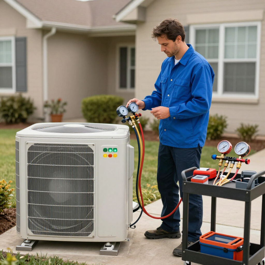 Technician servicing outdoor HVAC unit with gauges and tools beside a house