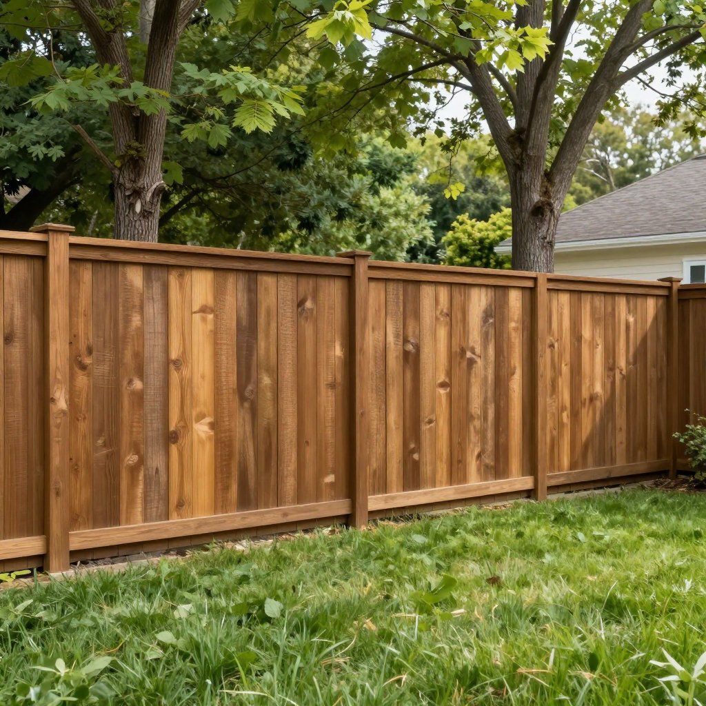 Wooden privacy fence in a grassy backyard, surrounded by trees. Wooden privacy fence in a grassy backyard, surrounded by trees.
