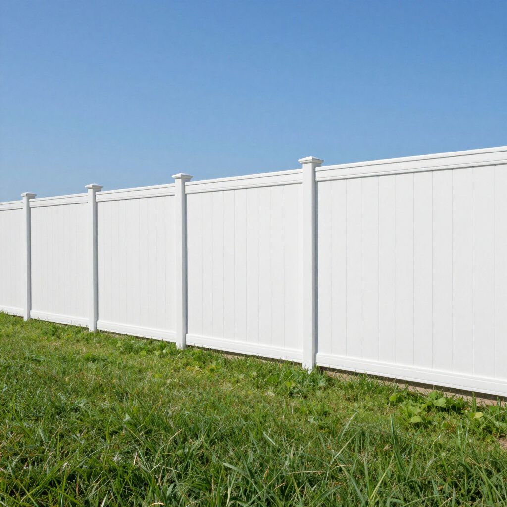White vinyl privacy fence in a grassy yard against a blue sky. White vinyl privacy fence in a grassy yard against a blue sky.