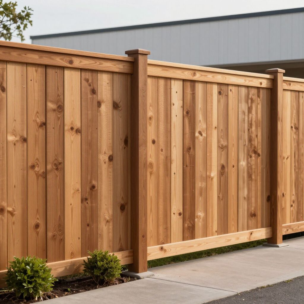 Wooden privacy fence along a sidewalk, with two small green bushes. Wooden privacy fence along a sidewalk, with two small green bushes.