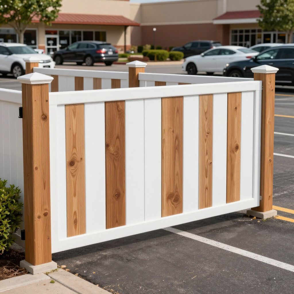 White and brown striped fence in a parking lot, near a building and cars. White and brown striped fence in a parking lot, near a building and cars.