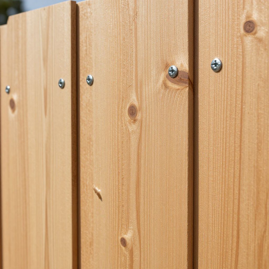 Close-up of a wooden fence, light brown planks with visible wood grain and screws. Close-up of a wooden fence, light brown planks with visible wood grain and screws.