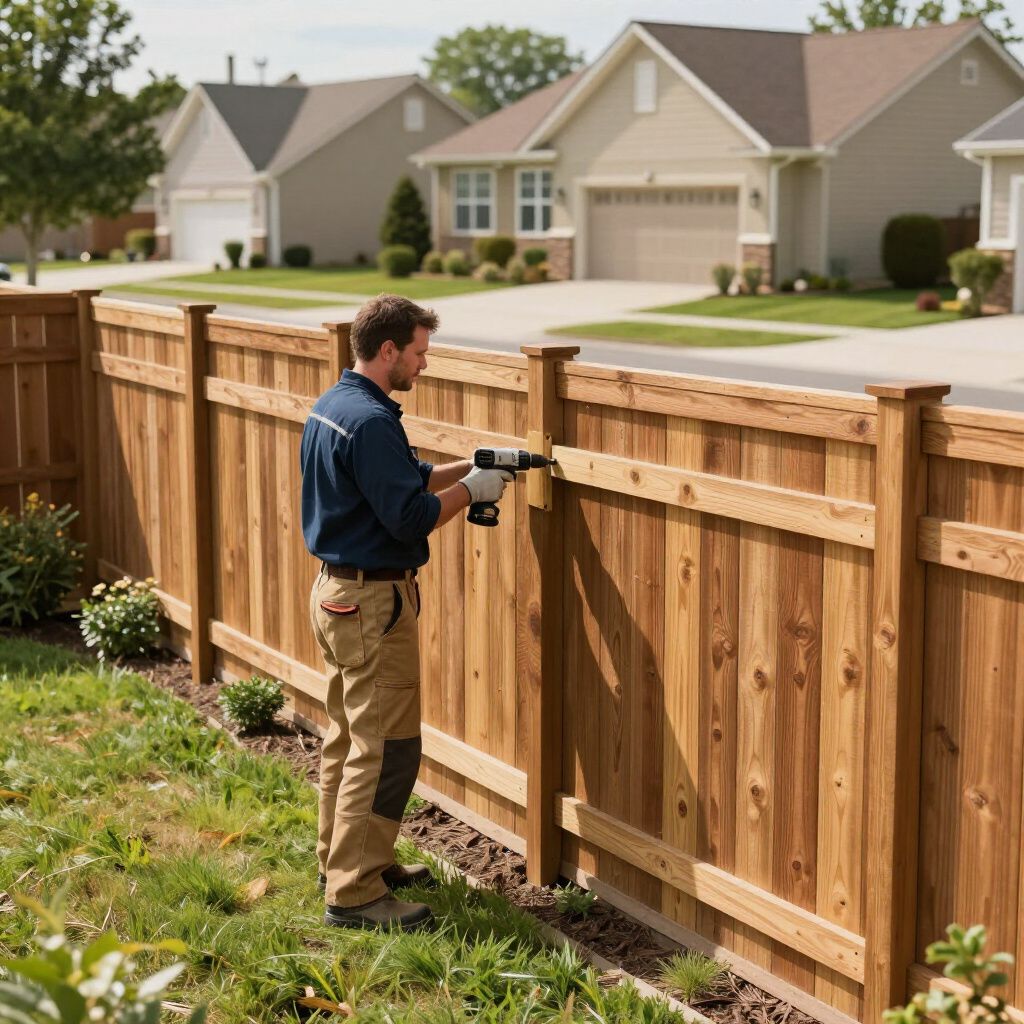 Man using a nail gun to build a wooden fence in a suburban yard. Man using a nail gun to build a wooden fence in a suburban yard.