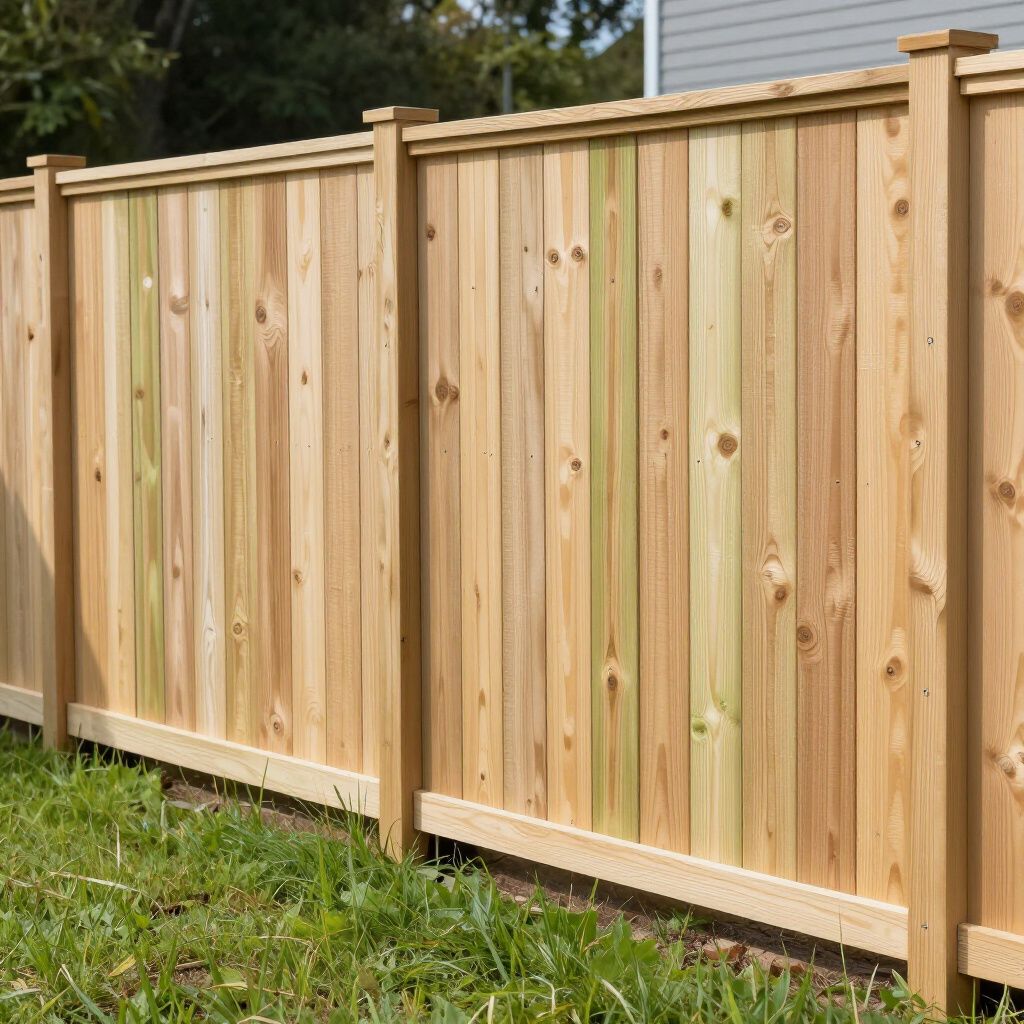 Wooden fence with vertical planks, installed outdoors on green grass. Wooden fence with vertical planks, installed outdoors on green grass.