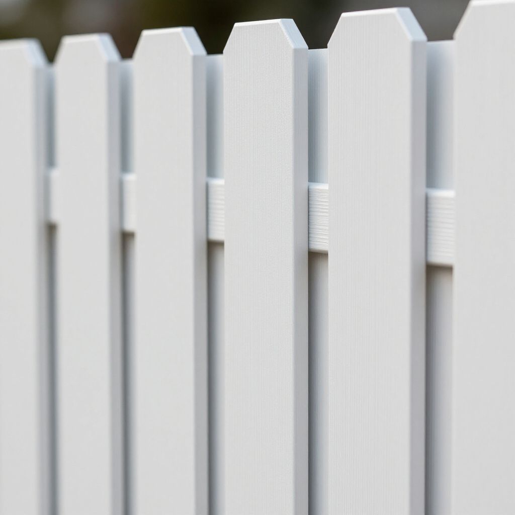 White picket fence, close-up. Vertical planks with pointed tops. White picket fence, close-up. Vertical planks with pointed tops.