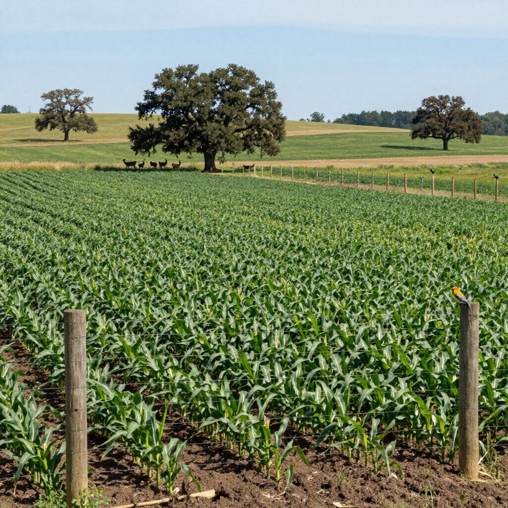 Field of green crops with trees and grazing animals under a blue sky. Field of green crops with trees and grazing animals under a blue sky.