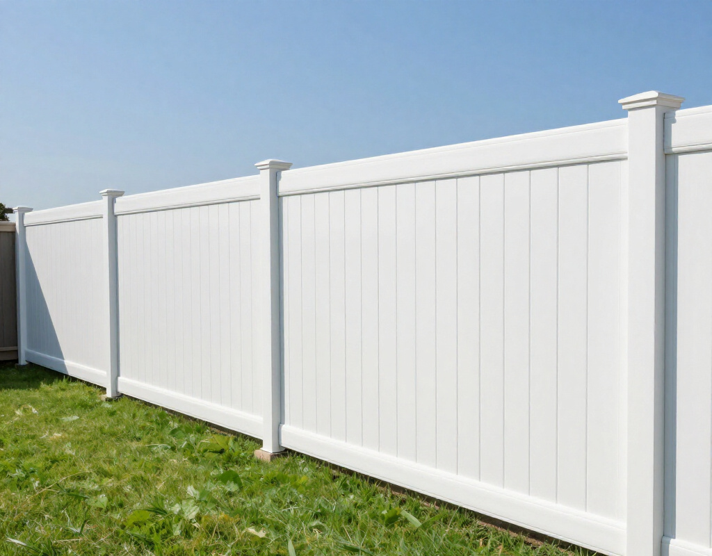White vinyl privacy fence on green grass under a clear blue sky. White vinyl privacy fence on green grass under a clear blue sky.