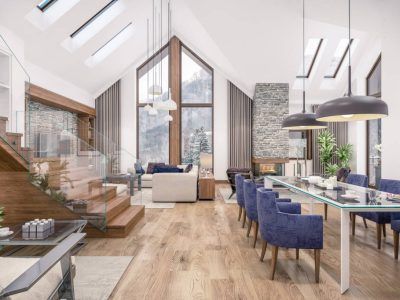 Spacious modern living space with wood floors, dining table, stairs, and large windows with mountain view.