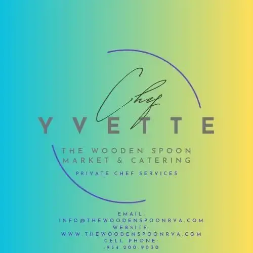Logo for Yvette, Chef, "The Wooden Spoon Market & Catering," contact info on colorful background.