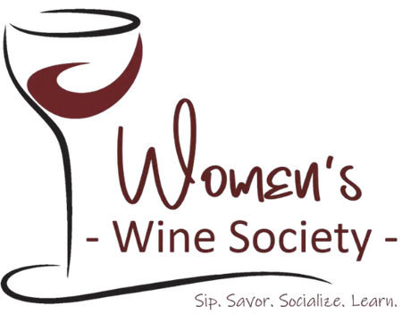 Logo for Women's Wine Society: wine glass outline with red wine, brown text. 