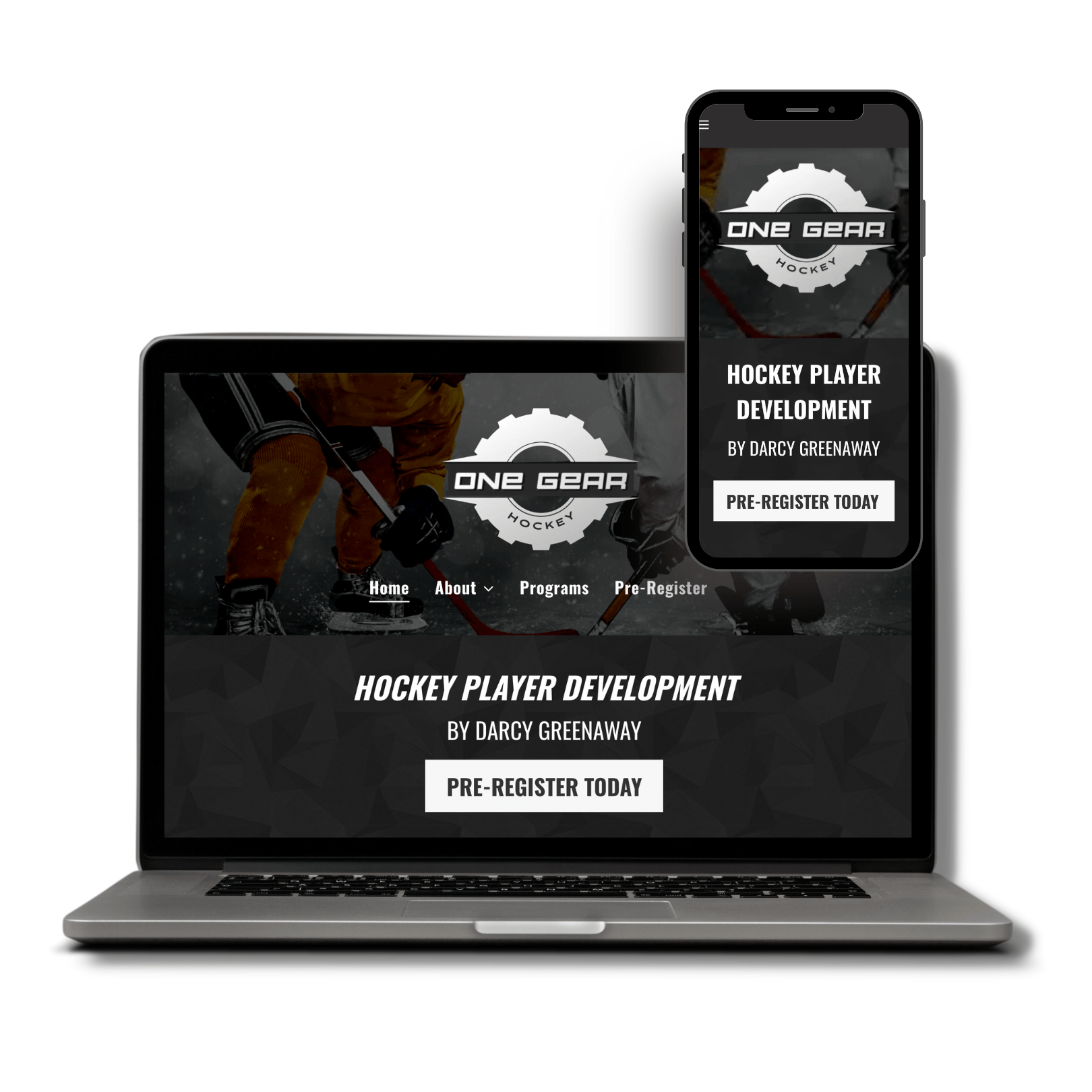 A laptop and a cell phone are displaying a website for hockey player development.