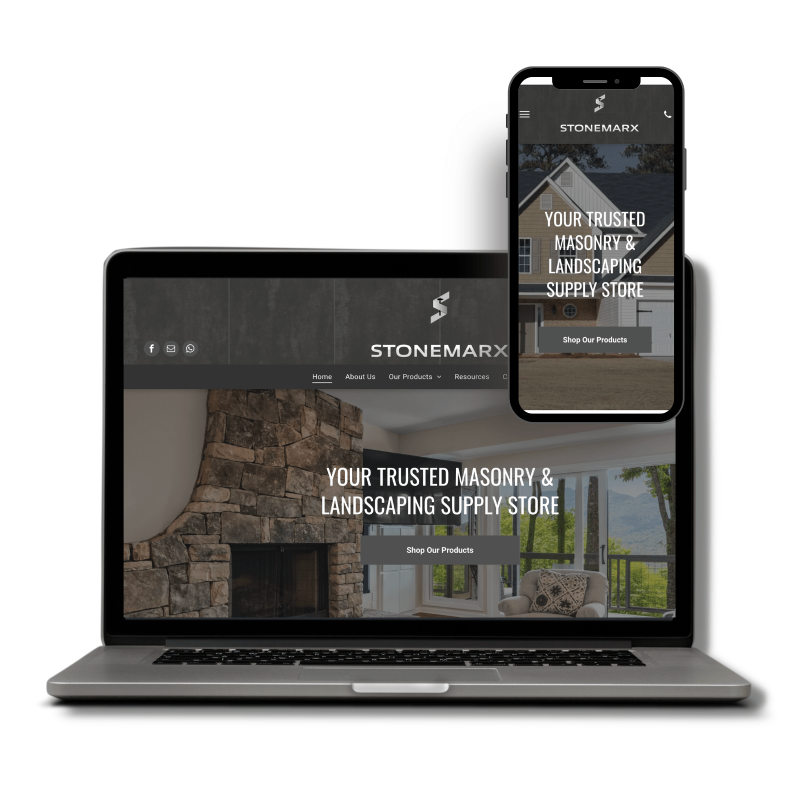 A laptop and a cell phone are displaying a website for stonemark