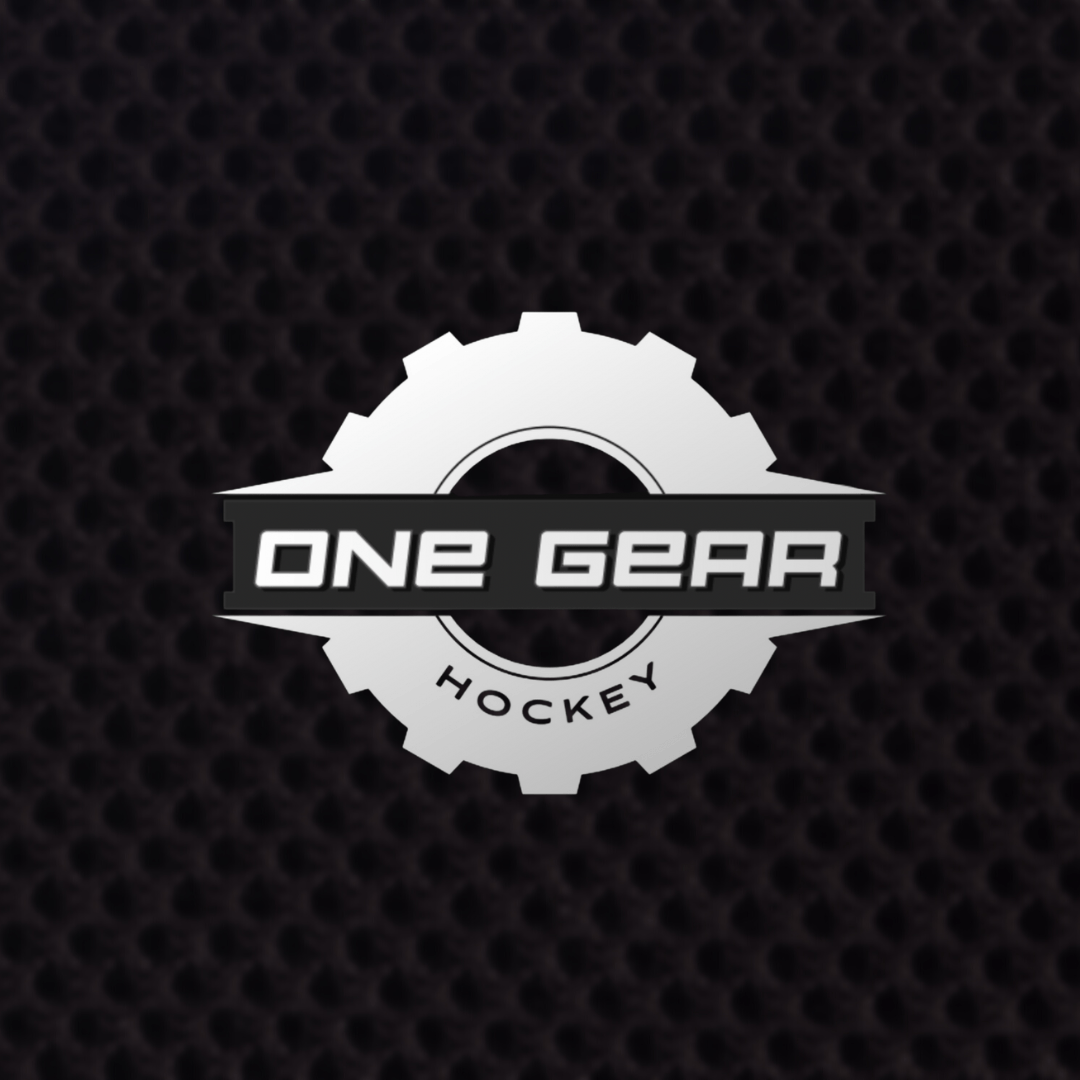 A logo for one gear hockey on a black background