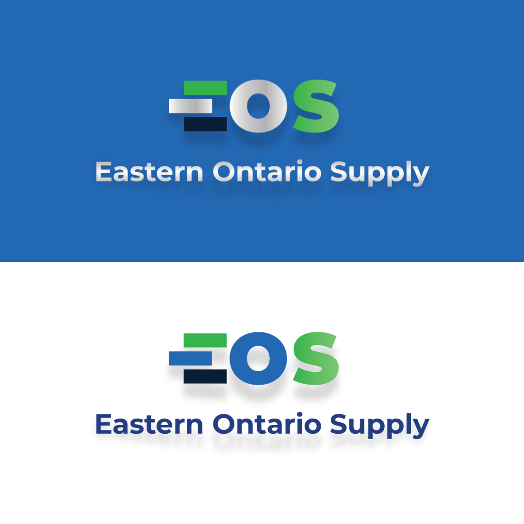 A blue and white logo for eos eastern ontario supply