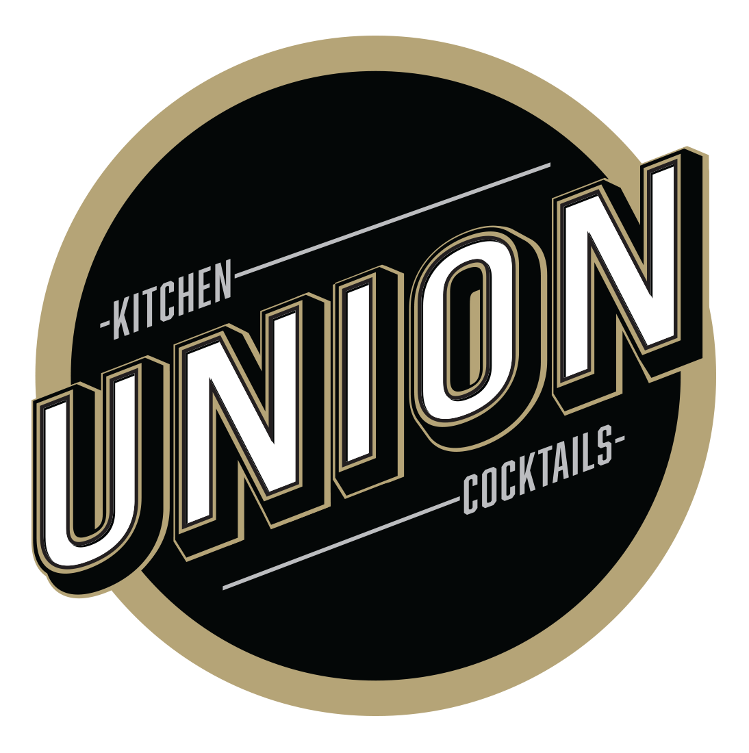 A black and gold logo for kitchen union cocktails