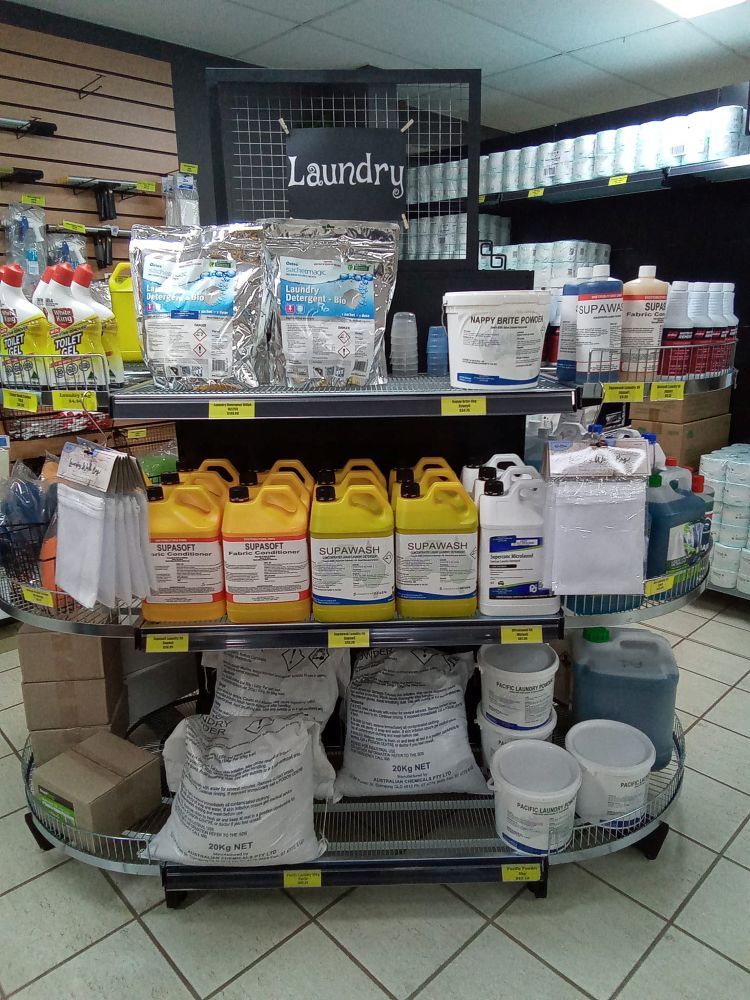 A Laundry Store Filled With Lots Of Cleaning Supplies — A1 Cleaner Carpets N Homecare In Yungaburra, QLD