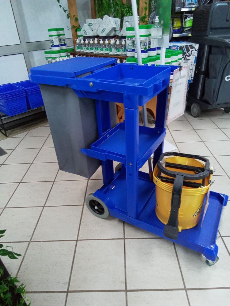 A Blue Cleaning Cart With A Yellow Bucket On It — A1 Cleaner Carpets N Homecare In Millaa Millaa, QLD