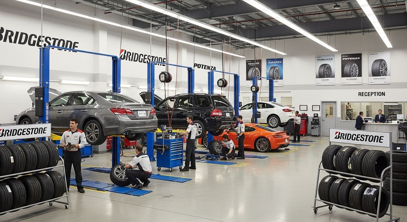 Oficina mecânica com vários carros em elevadores, mecânicos trabalhando e pneus Bridgestone expostos nas proximidades.