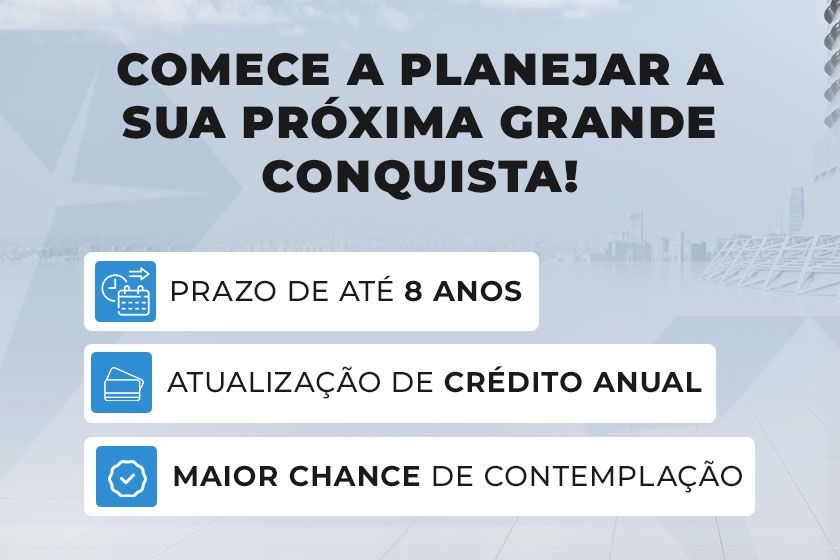 Texto promocional em português sobre consórcio, com três benefícios em caixas azuis.
