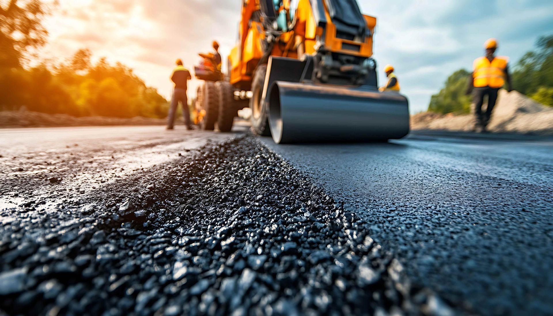Road construction, asphalt paving, workers, machine, daylight Road construction, asphalt paving, workers, machine, daylight