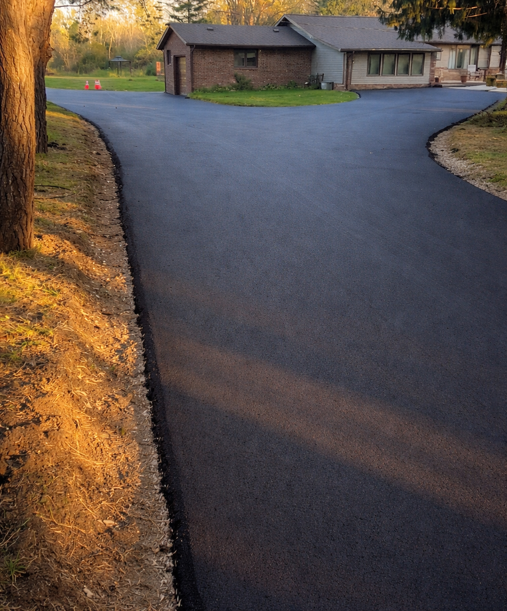Black asphalt driveway leading to a white garage door of a house with green lawn. Black asphalt driveway leading to a white garage door of a house with green lawn.