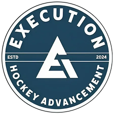 Logo for Execution Hockey Advancement. Navy blue circle with white text: "EXECUTION" at the top, "HOCKEY ADVANCEMENT" at the bottom, and "ESTD 2024" in between. The letters "E" and"H" and  "A"  are in the centre.