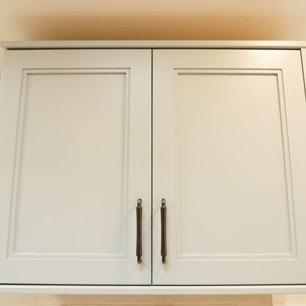 A close up of a white cabinet with black handles