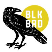 A black bird is standing next to a yellow circle that says blk brd
