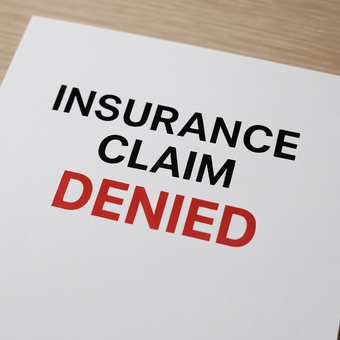 Insurance claim denied in bold black and red text on a white sheet