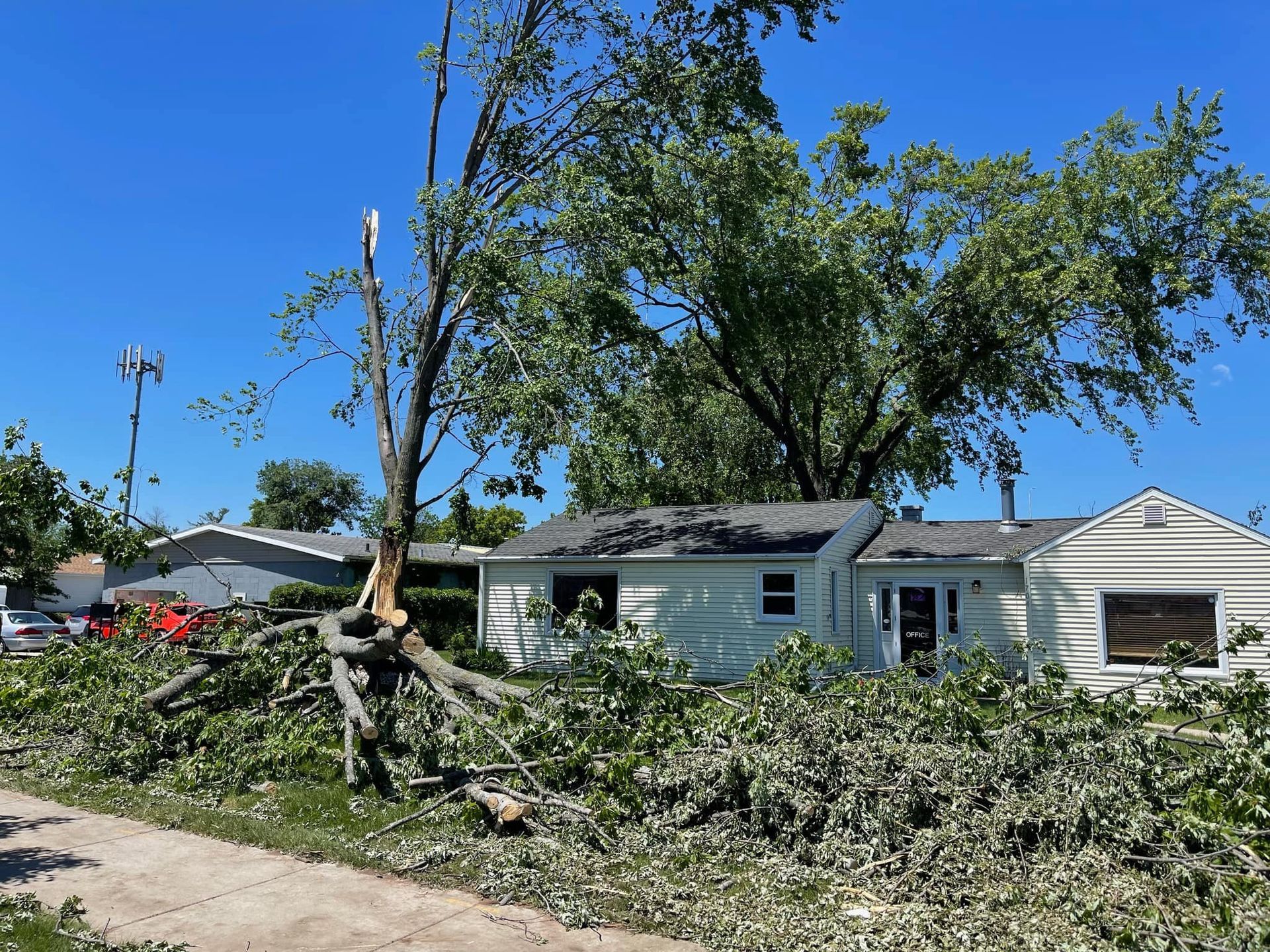 Storm-damaged suburban house with a fallen tree and broken branches in the front yard